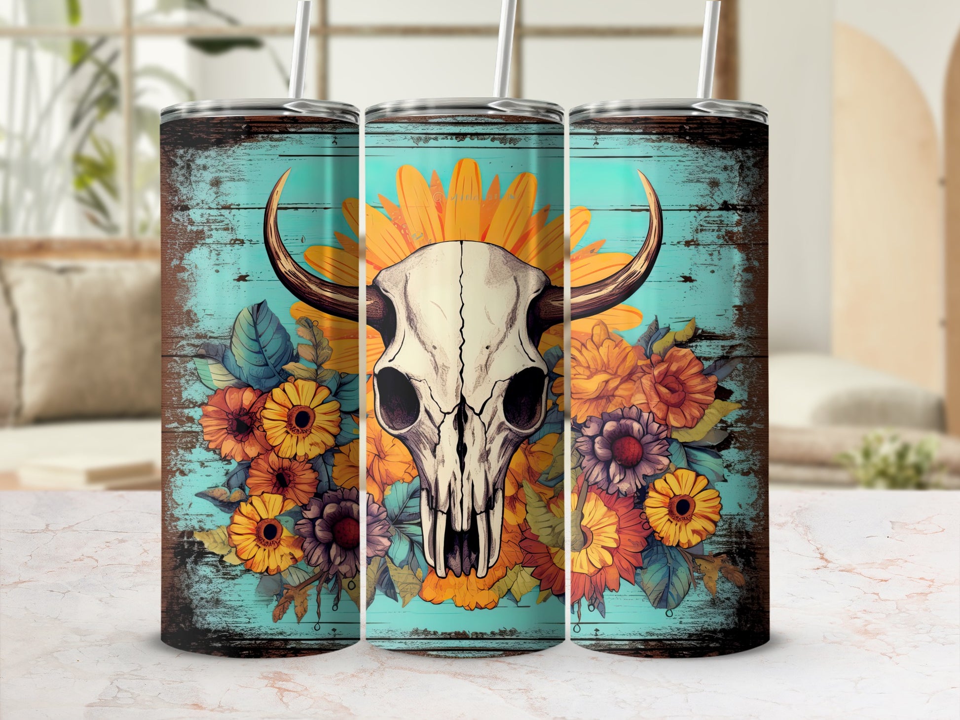 Bull skull with sunflowers and daisies on a teal wood grain background.