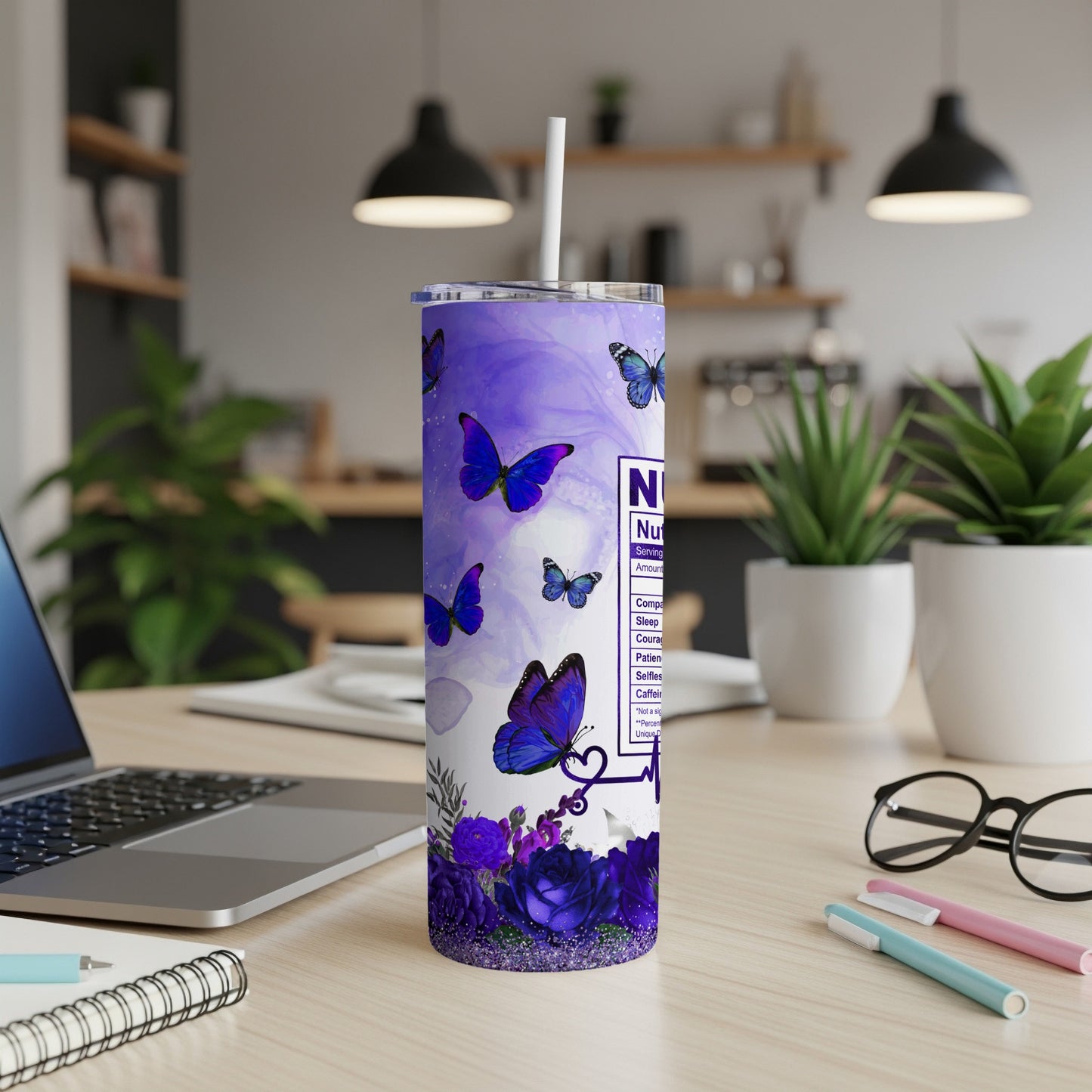Purple butterfly and rose tumbler with nurse-themed text.