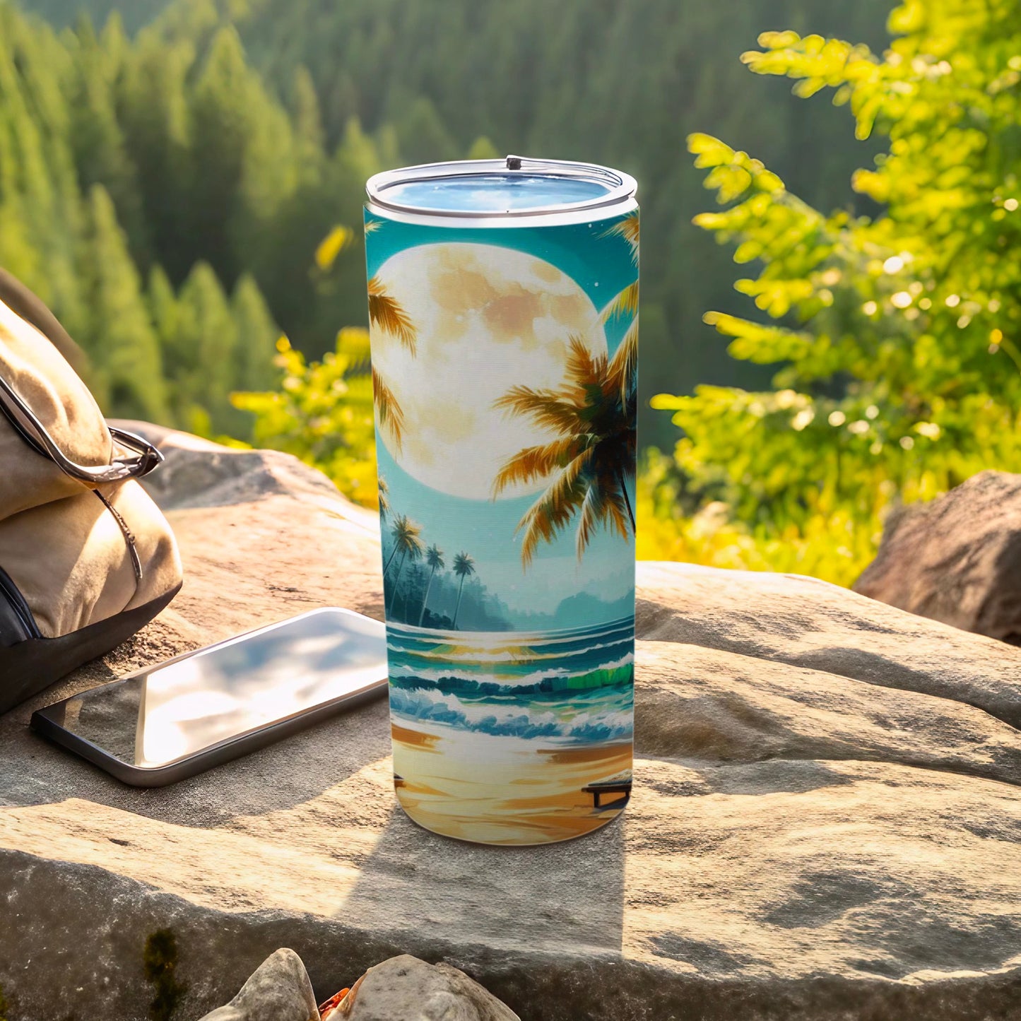 Tropical beach scene with full moon on a blue tumbler.