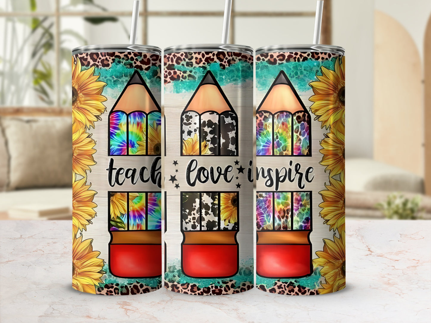 Sunflower pencil design tumbler with "teach love inspire" text.