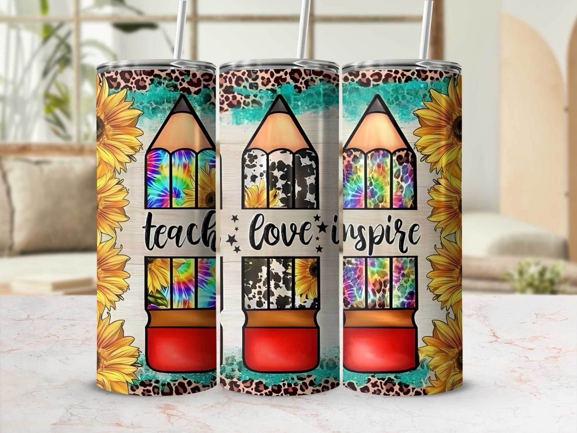 Sunflower pencil design tumbler with "teach love inspire" text.
