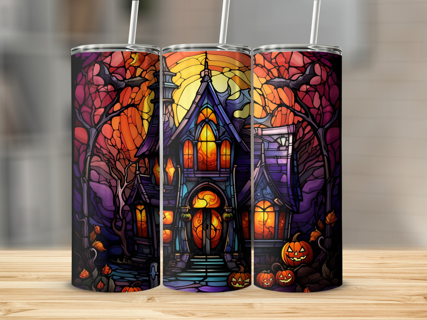 Stained glass haunted house with pumpkins and spooky trees, sunset sky.
