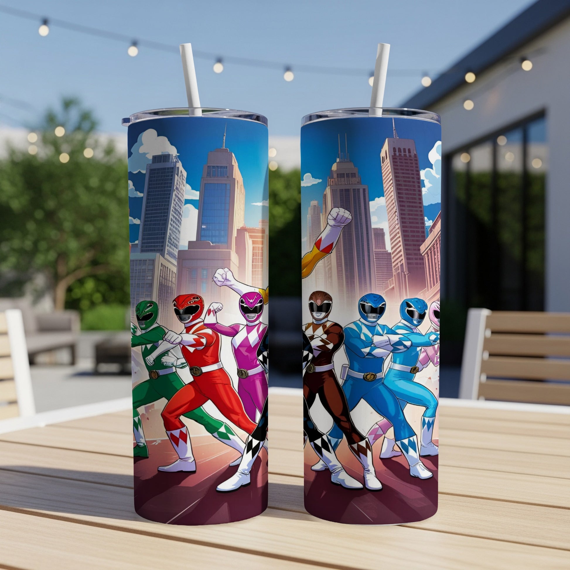 Power Rangers team posing with city skyline background.
