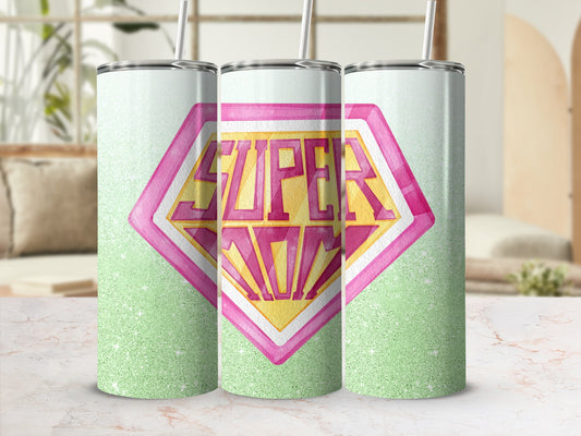 Super Mom tumbler with a glittery green background and pink diamond shape.