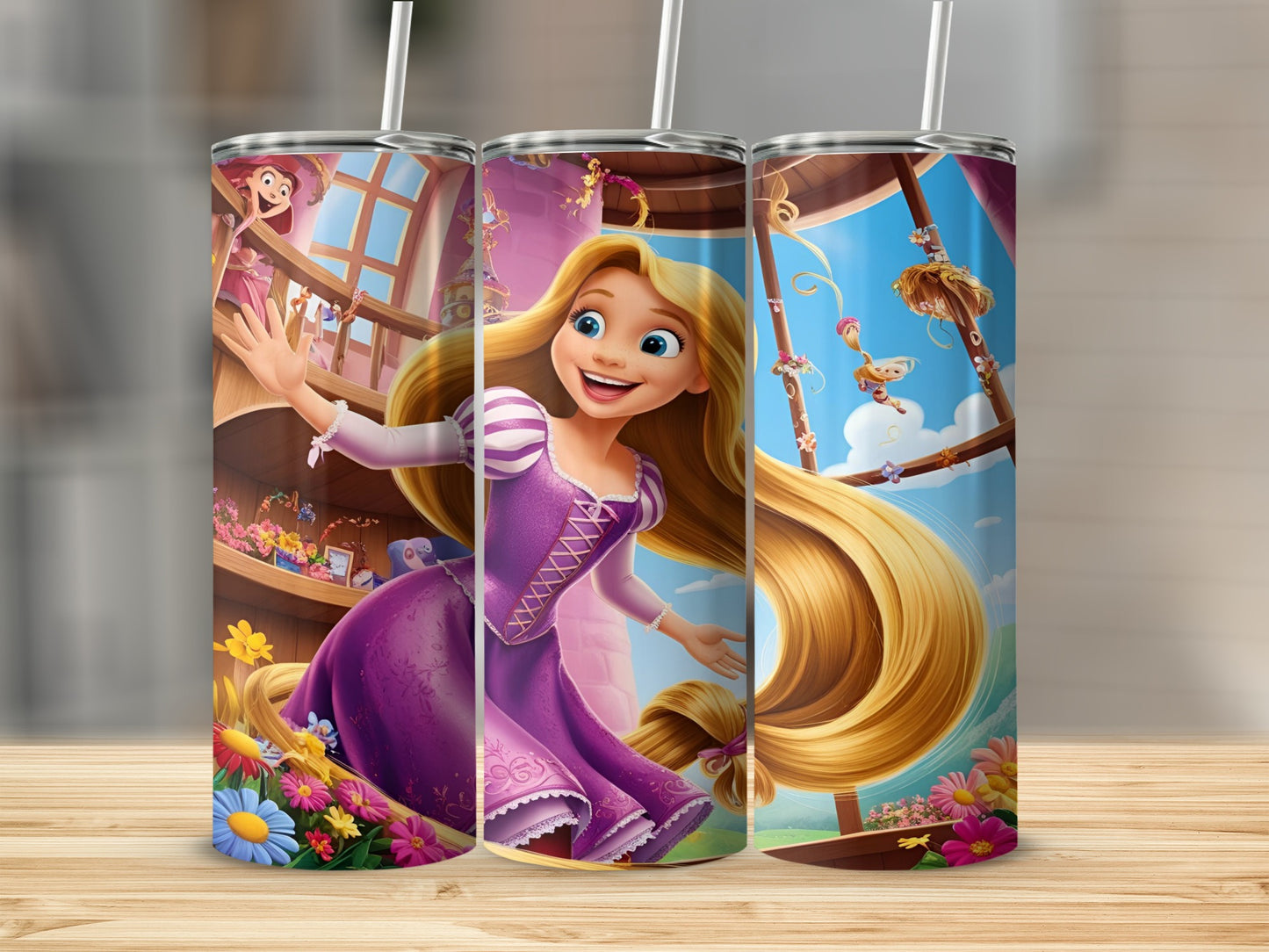 Rapunzel in purple dress with long blonde hair, holding flowers, against a castle backdrop.