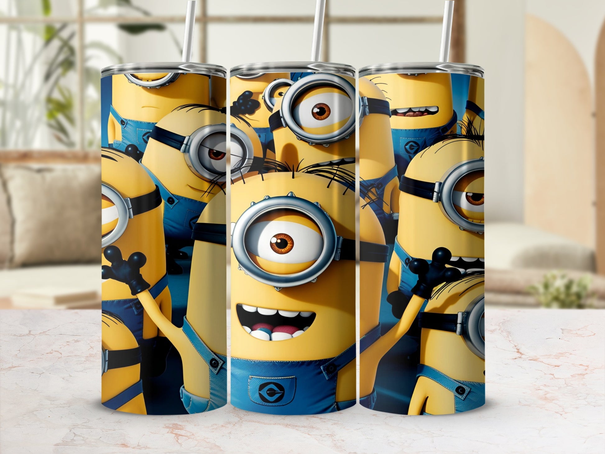 Minions characters on a tall tumbler with straws.