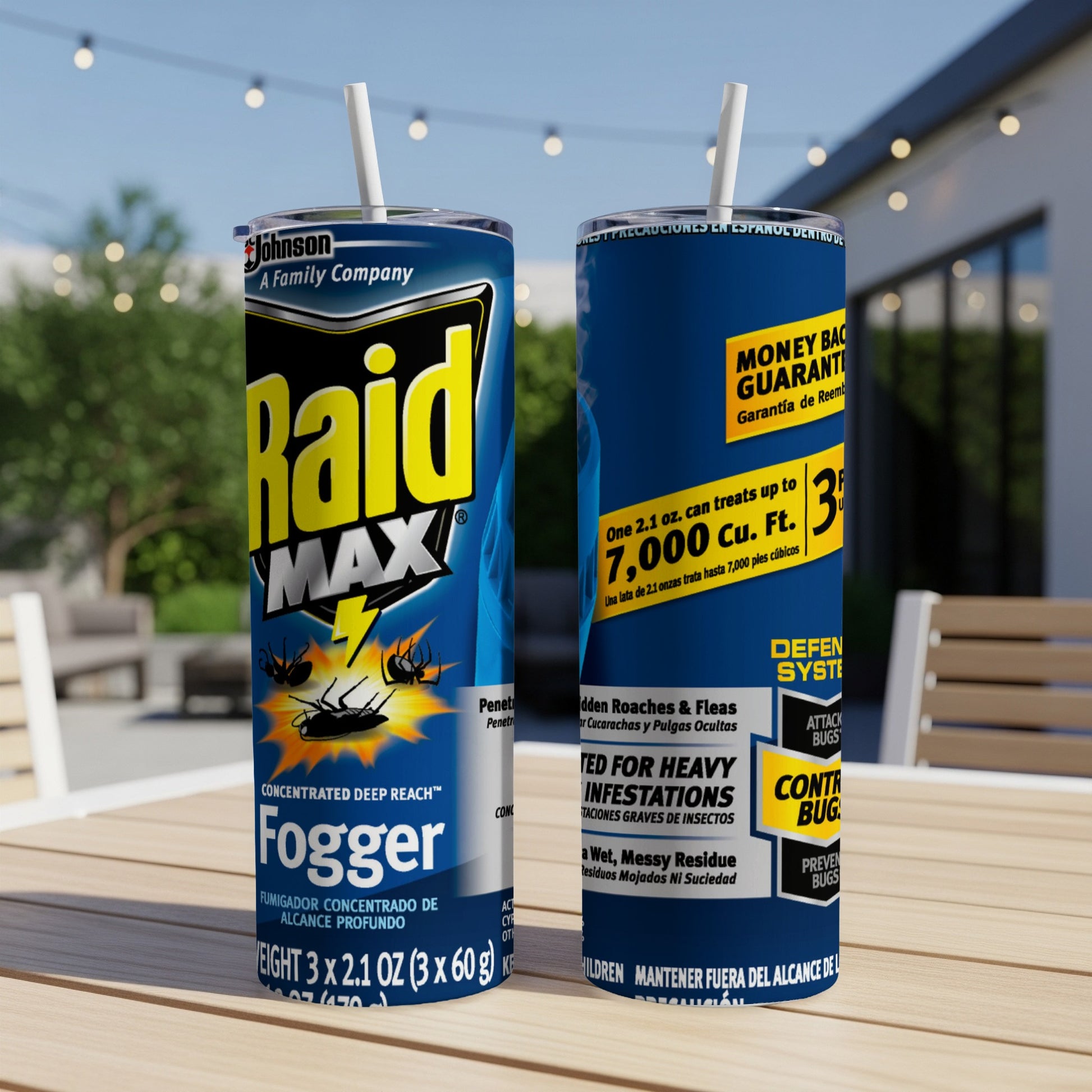 Raid Max Fogger can with text detailing its coverage and use.