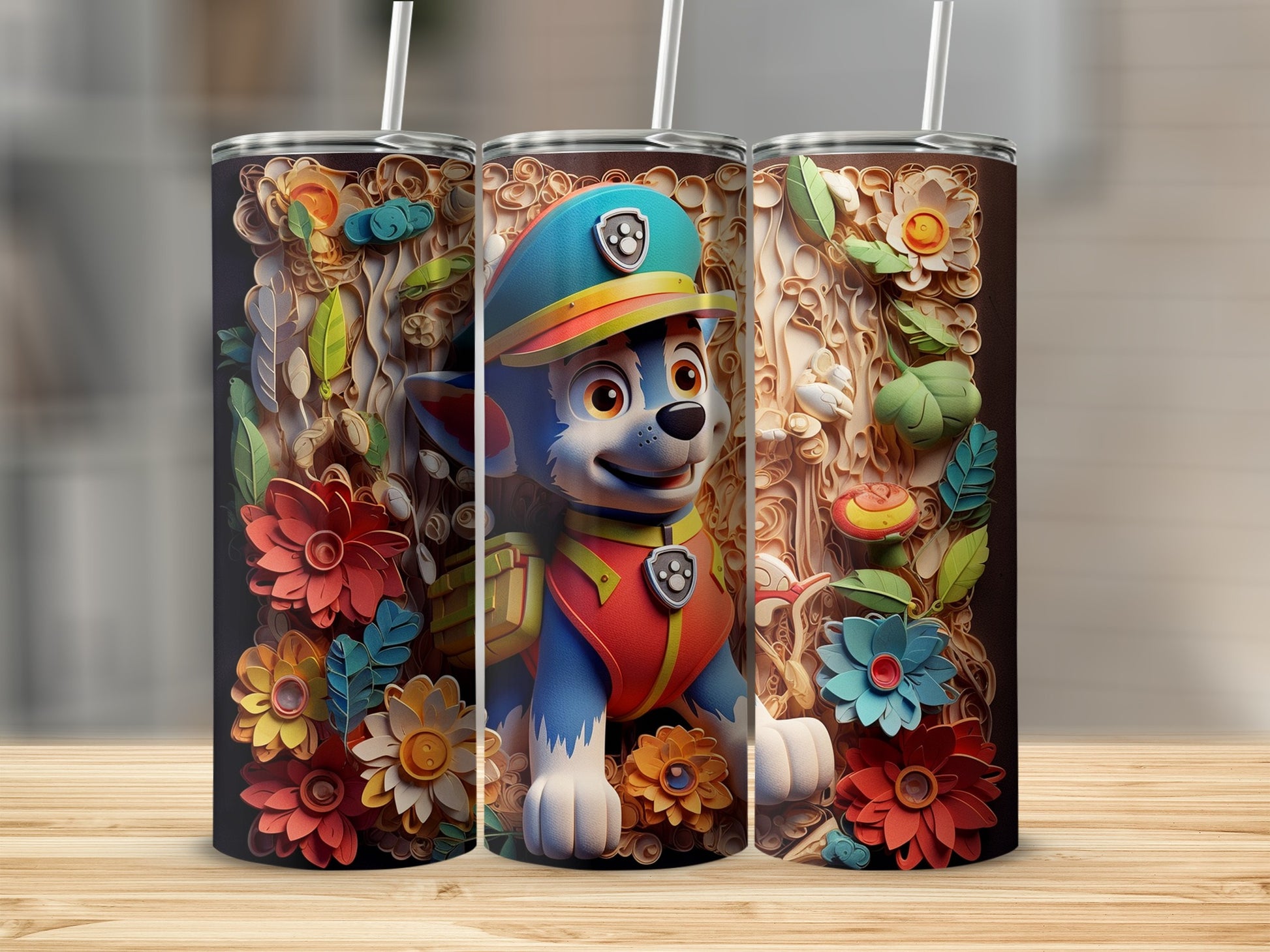 Colorful kids tumbler with cartoon dog and flowers