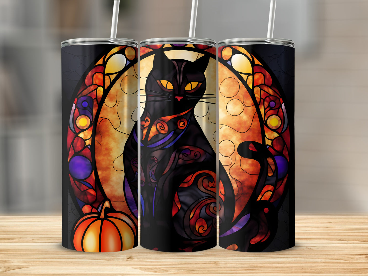 Black cat with orange pumpkin against stained glass moon background.