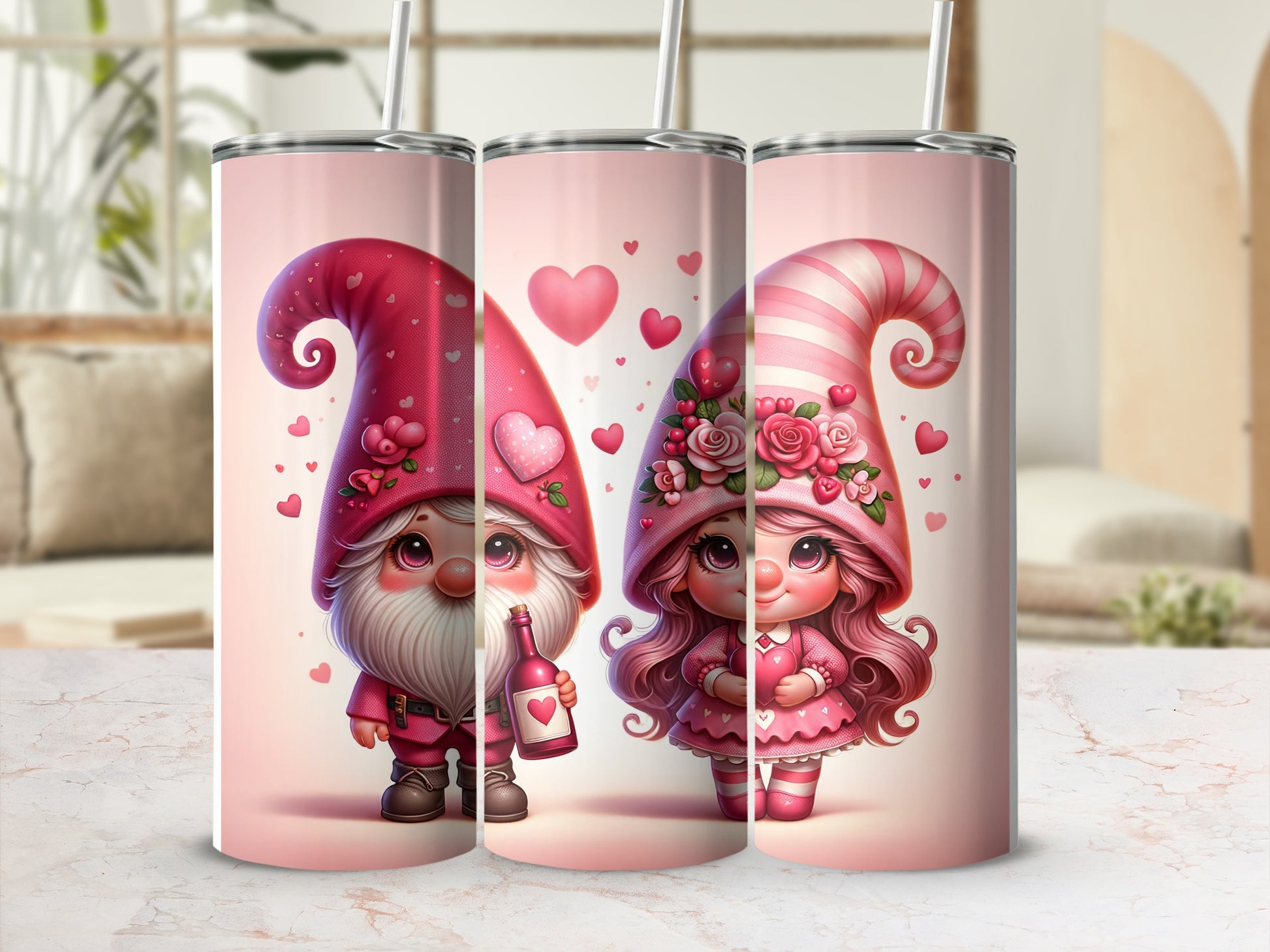 Two gnomes, one male with beard holding wine, the other female, in pink outfits with hearts.