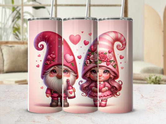 Two gnomes, one male with beard holding wine, the other female, in pink outfits with hearts.