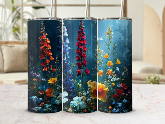 Three tumblers feature colorful floral designs with tall stalks and small blossoms.
