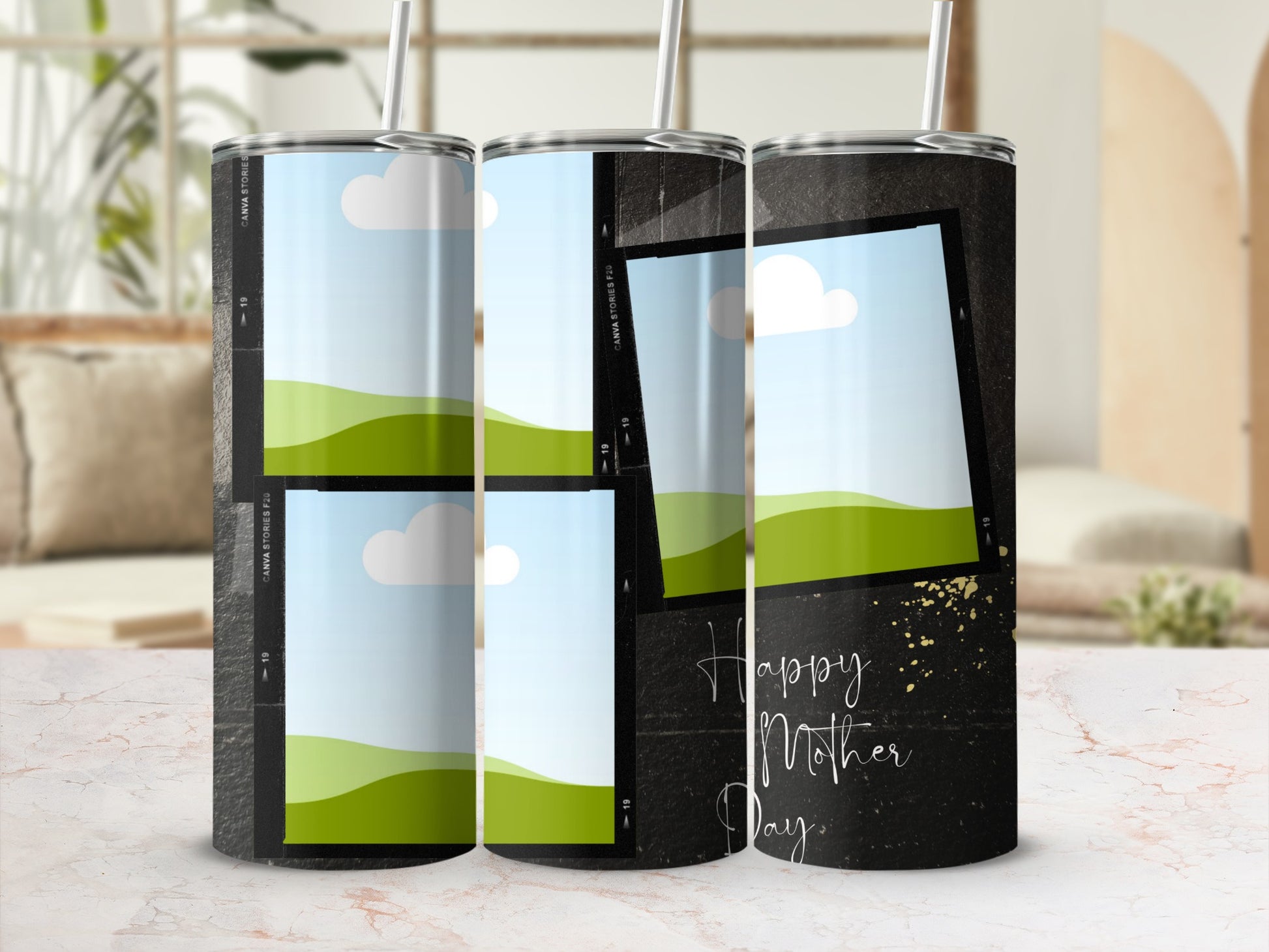 Tumbler with "Happy Mother Day" text and landscape photo frames.