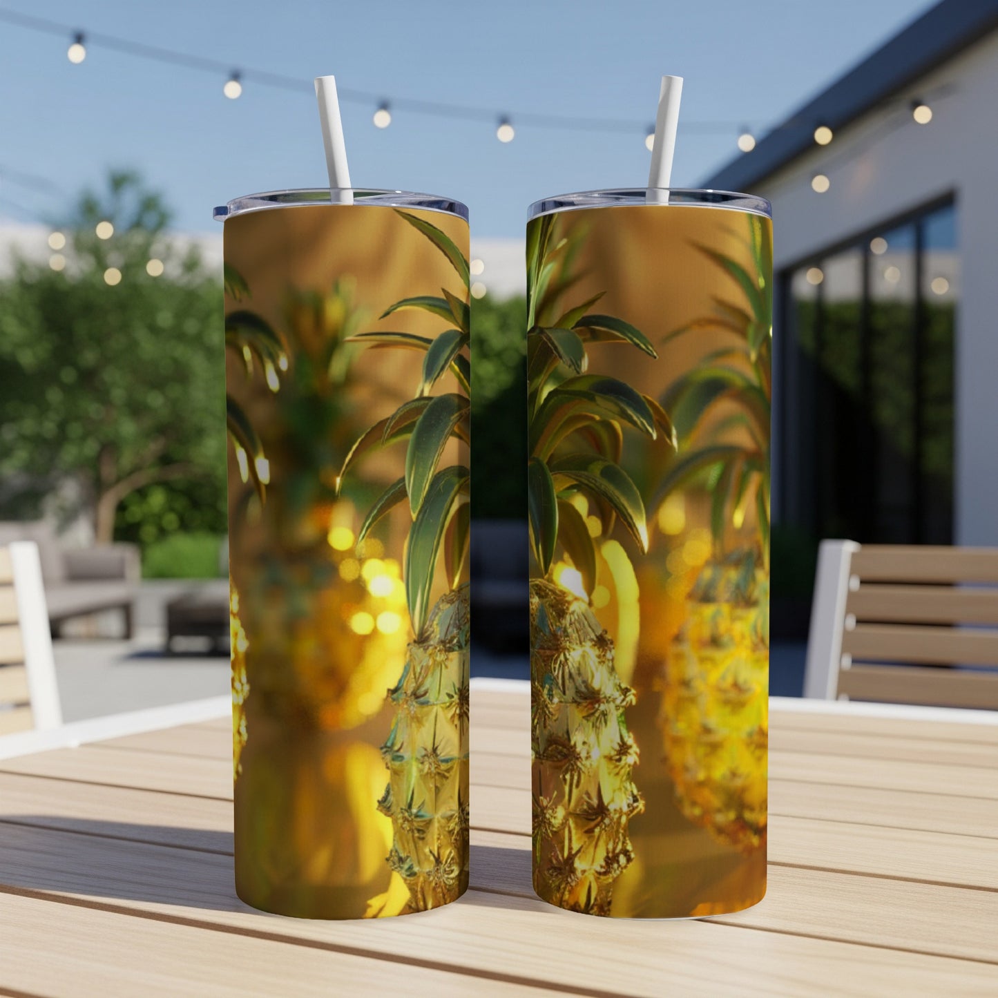 Two golden pineapples on a wooden table with straws and blurred background.