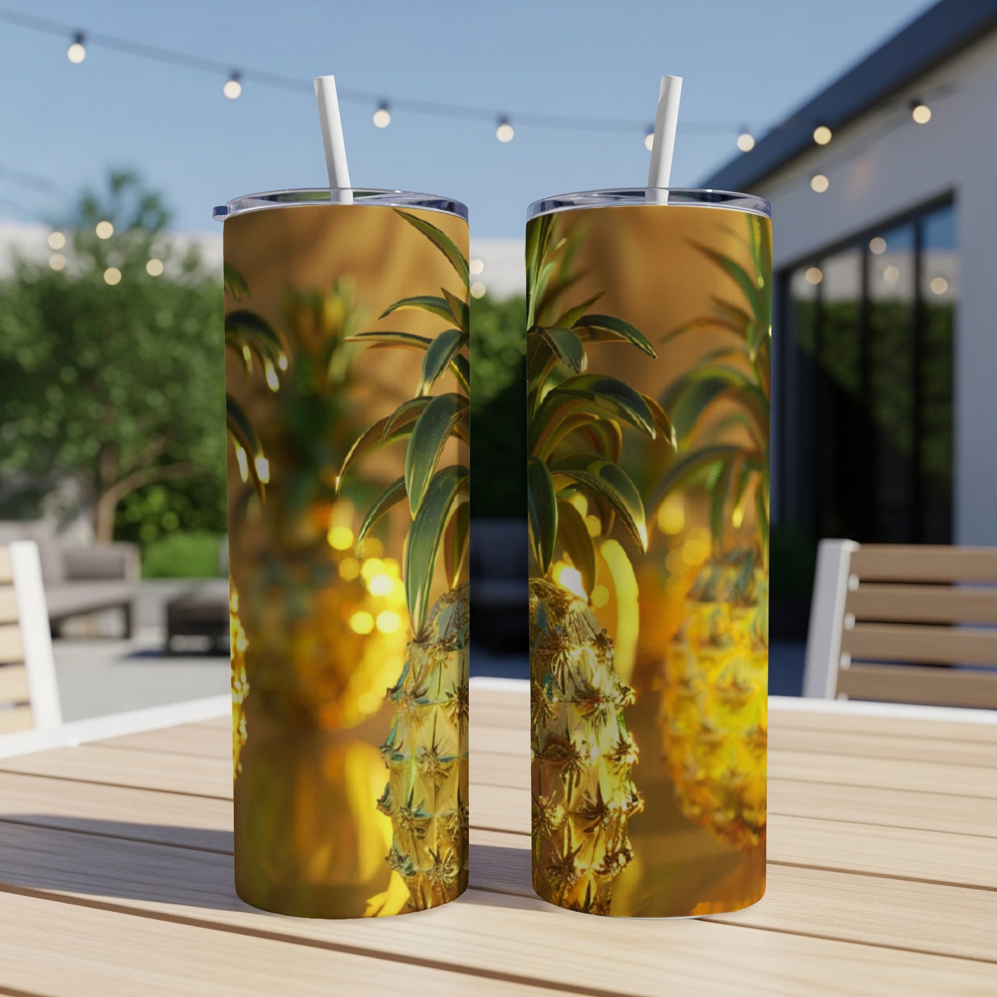 Two golden pineapples on a wooden table with straws and blurred background.