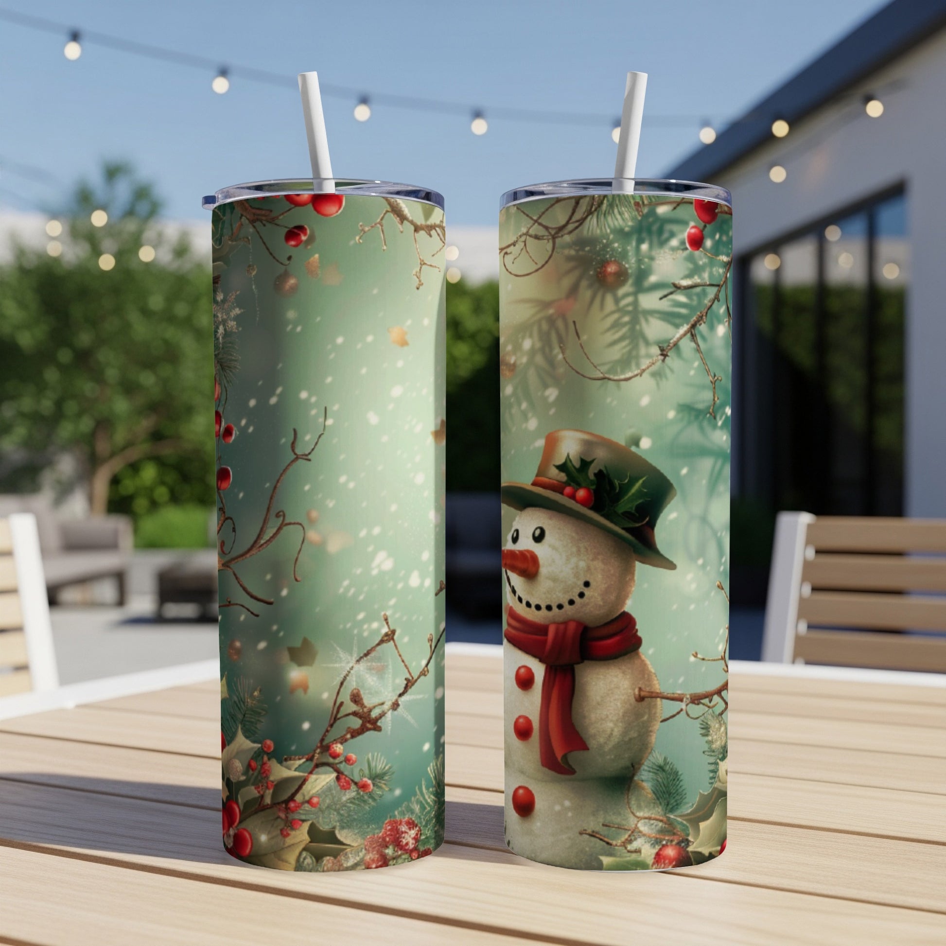 Snowman in a hat and scarf design on two tumblers with a snowy background.