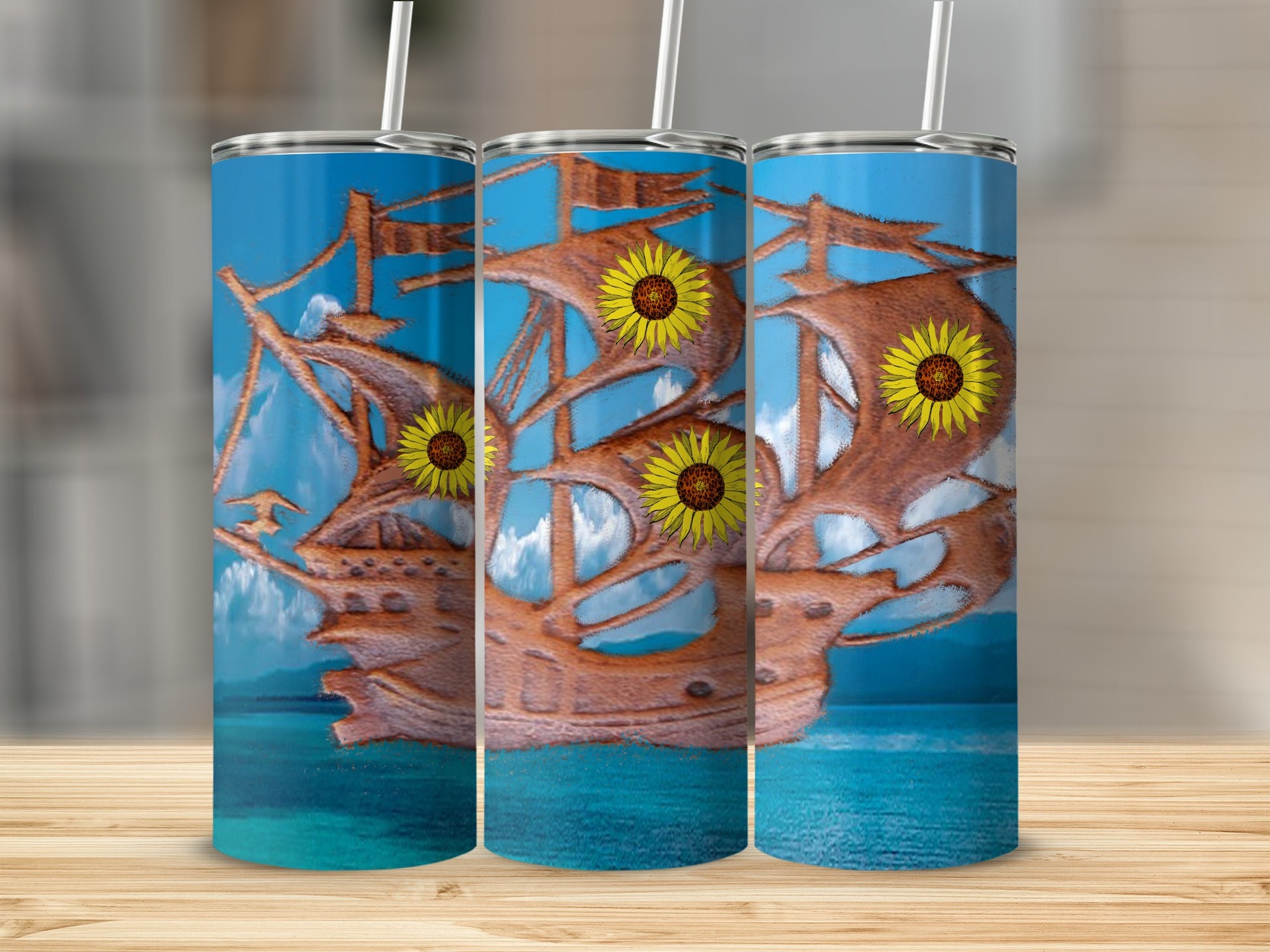 Wooden sailing ship with sunflowers on sails against a cloudy blue sky.