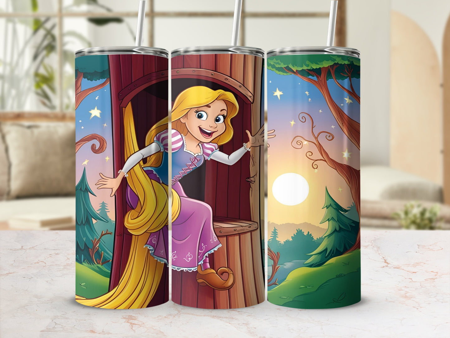Rapunzel in a tower with flowing blonde hair, surrounded by a whimsical forest scene.