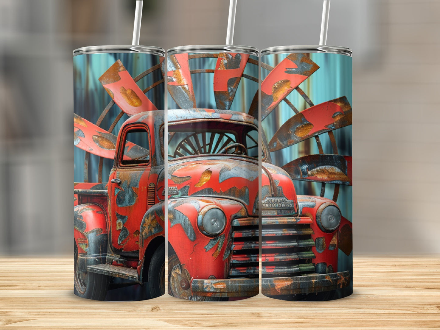 Rustic red truck with windmill design on three tumblers.