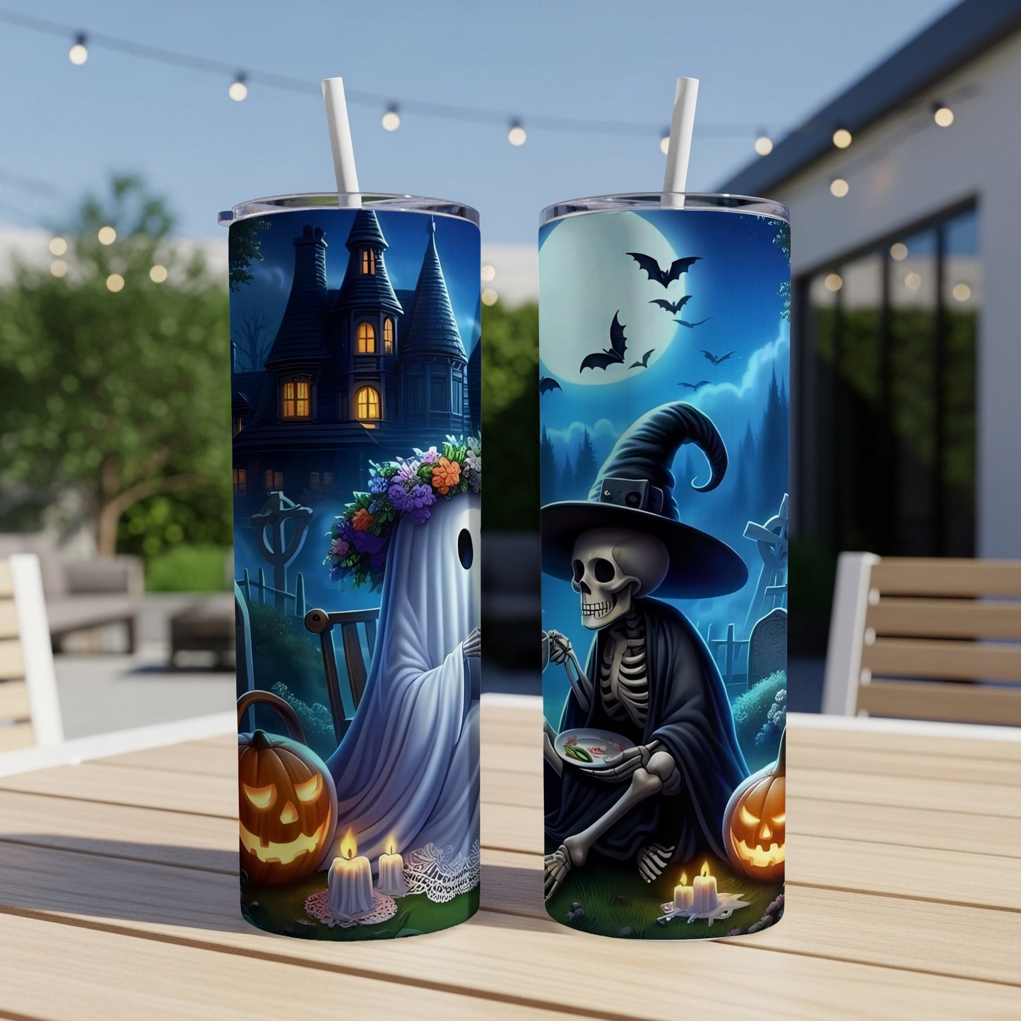 Halloween tumblers feature a ghost with flowers and a skeleton in a witch hat.