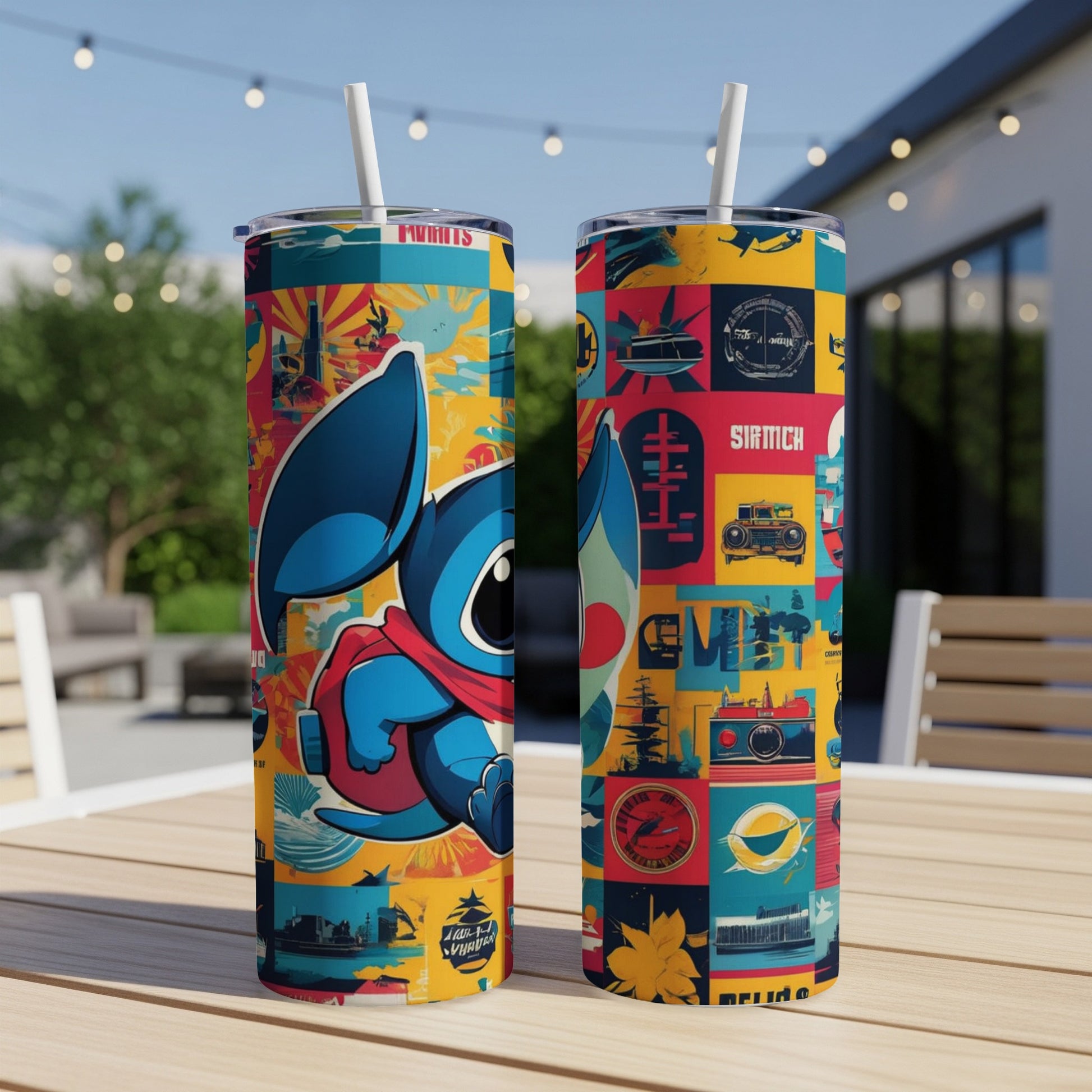 Two colorful tumblers featuring Stitch from Disney's Lilo & Stitch with a mosaic of vibrant patterns.