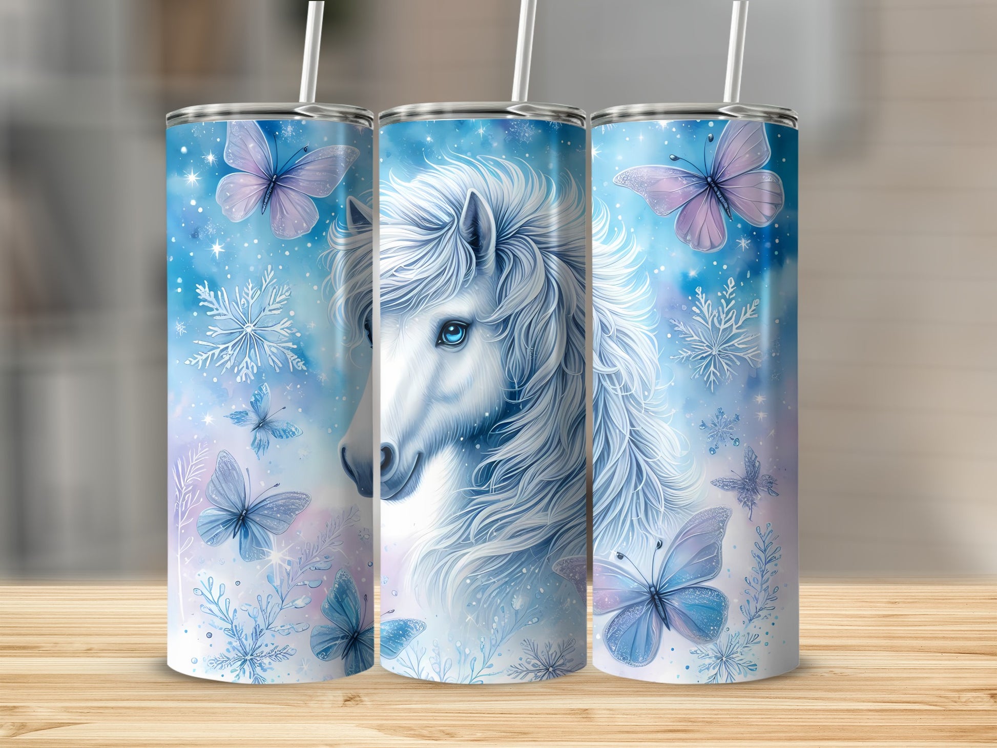 Unicorn's head with butterflies and snowflakes on a blue background.