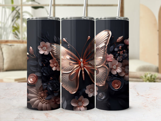 Dark tumbler with iridescent butterfly and floral design.