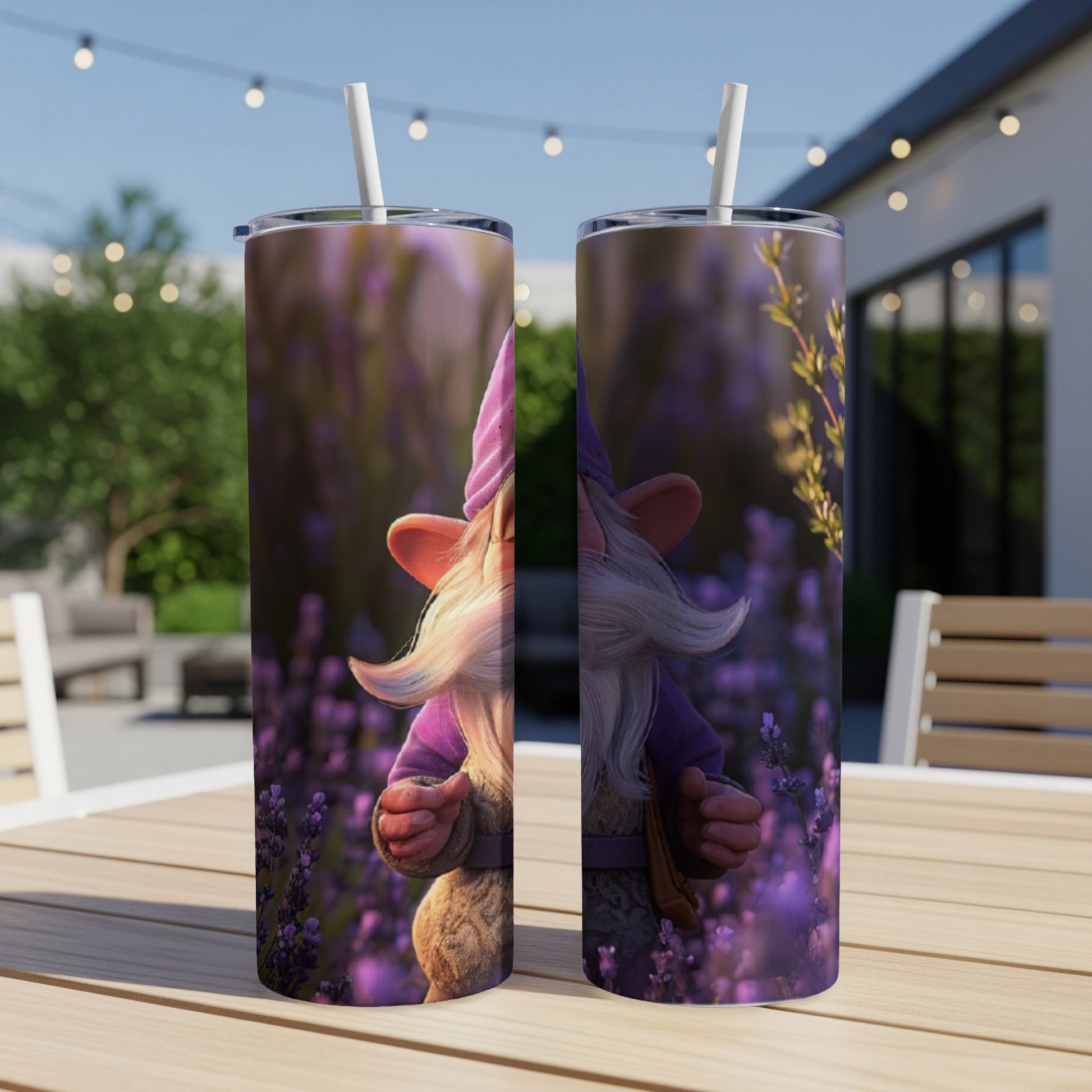 Two tumblers featuring a gnome with a pink hat and purple coat in a lavender field.