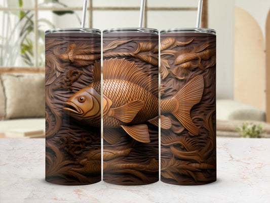 Wooden tumbler with carved fish and floral motifs.