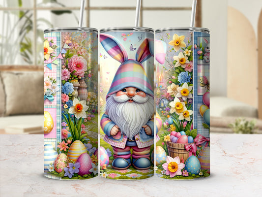 Gnome with bunny ears and Easter eggs, surrounded by flowers and butterflies.