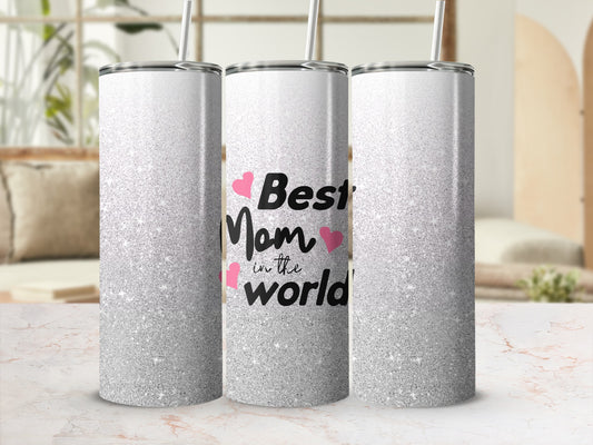 Silver glitter tumbler with "Best Mom" text and pink hearts.