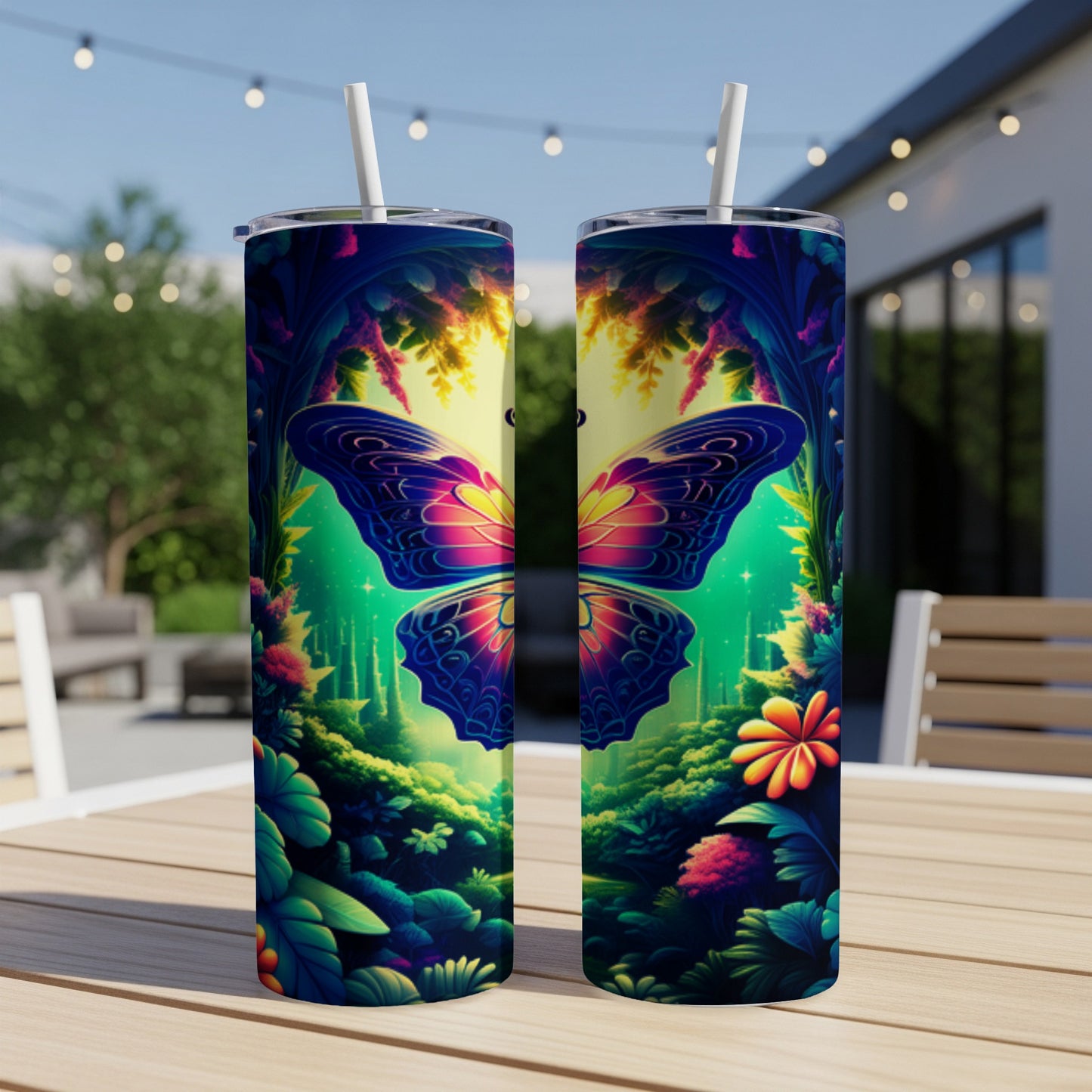 Two tumblers featuring a vibrant, stylized butterfly within a magical forest scene.