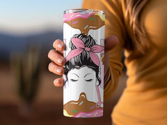 Stylish Hair Updo and Donuts Design Beverage Tumbler