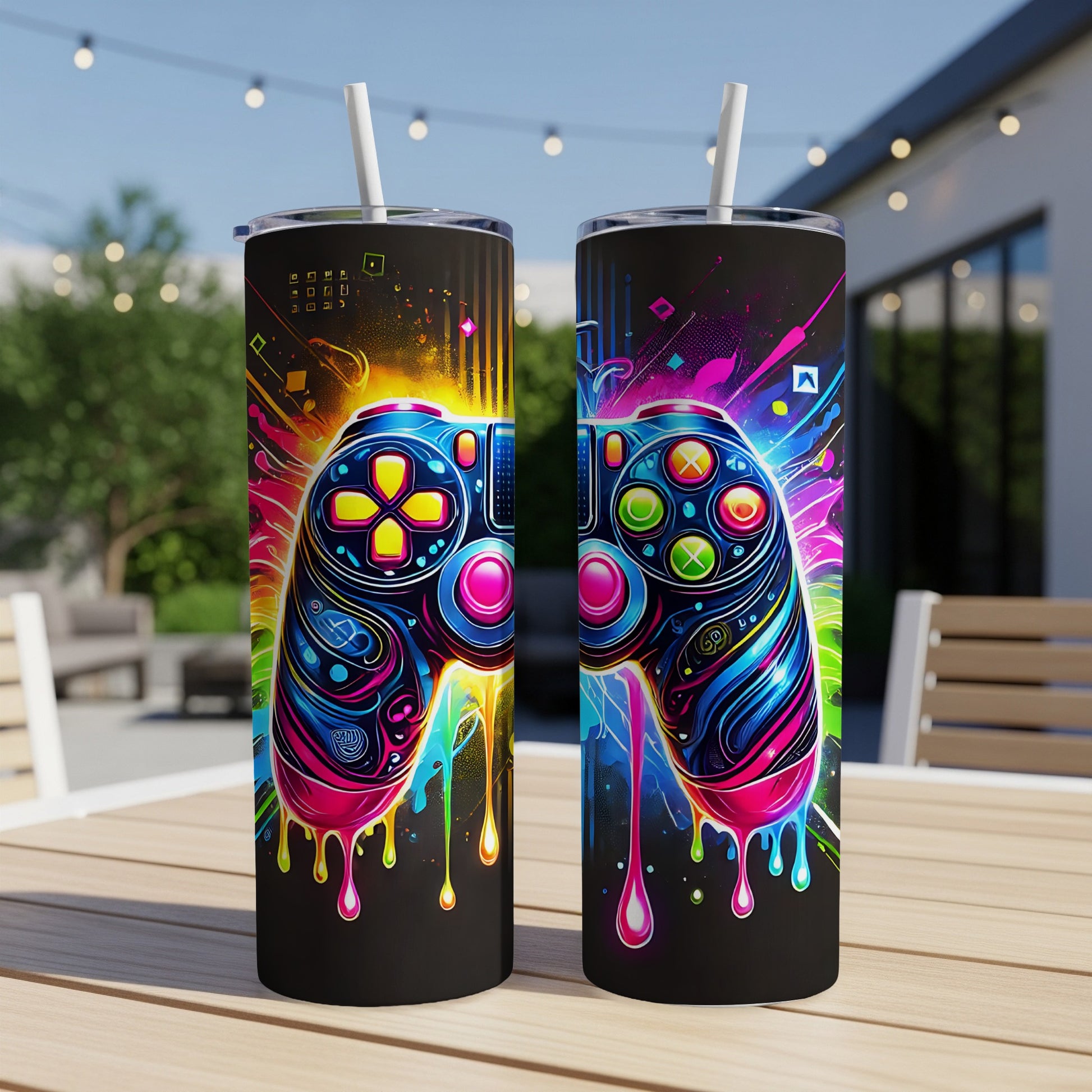 Two tumblers with colorful video game controller design, dripping like paint.