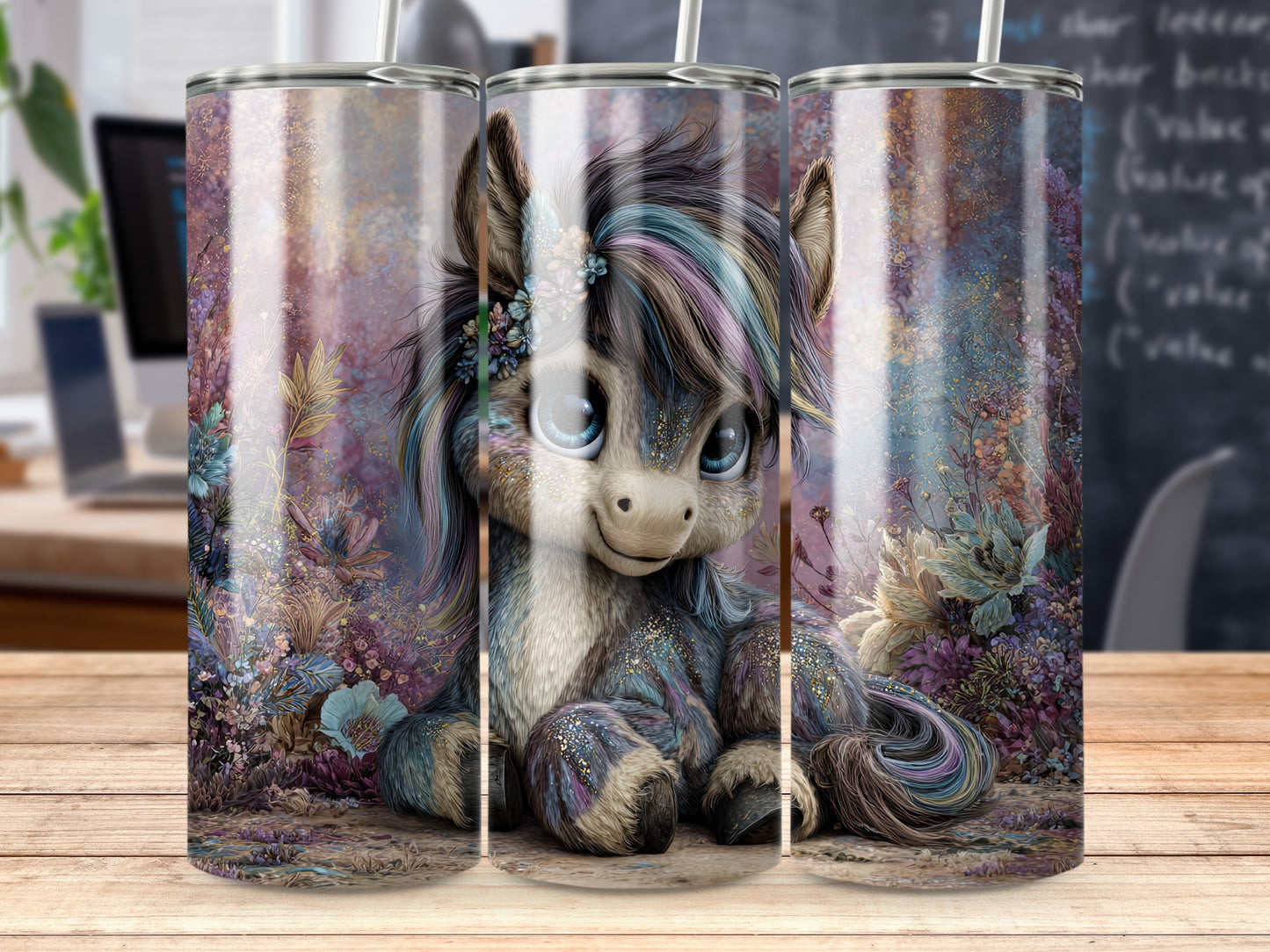 Cute Fantasy Unicorn Tumbler with Flowers Design