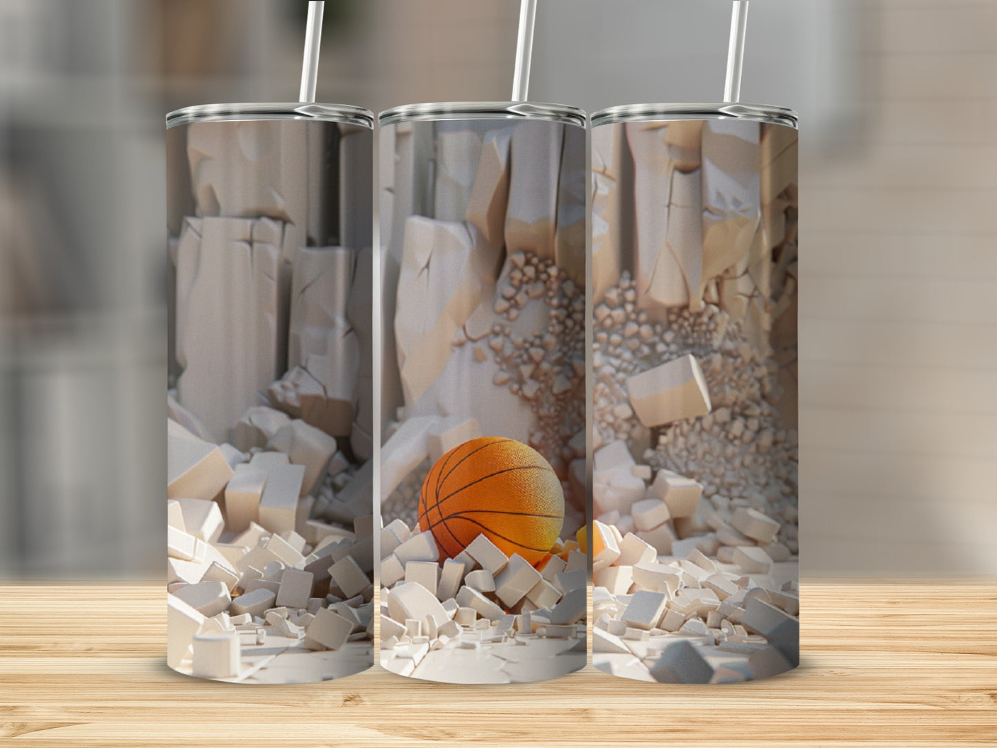 Basketball amongst rubble on a wooden surface.