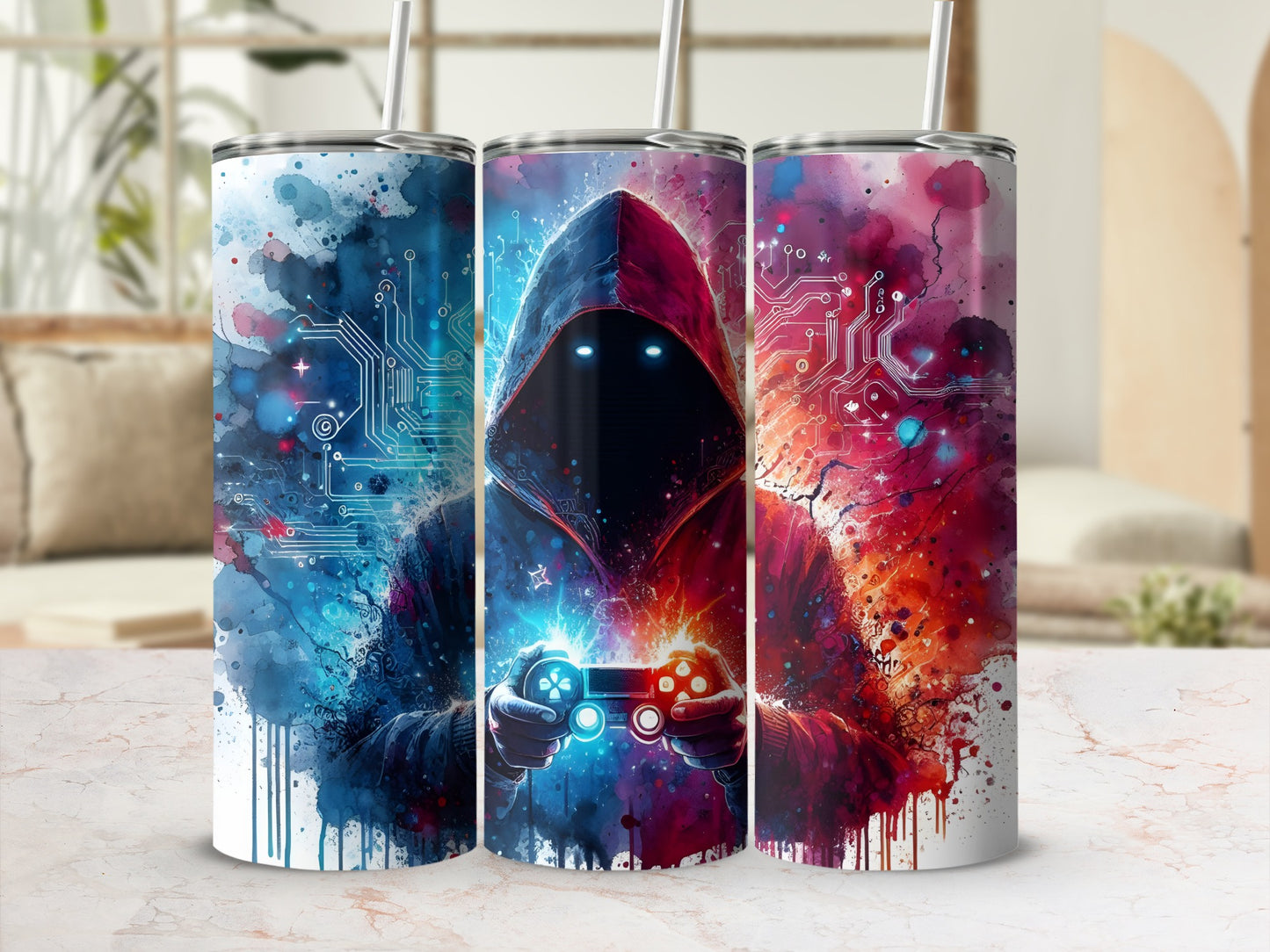 Three tumblers featuring a hooded figure holding a game controller, surrounded by colorful circuits.