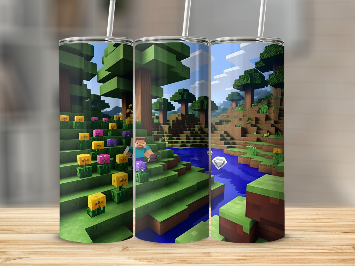Minecraft landscape with trees, water, and flowers on tumblers.