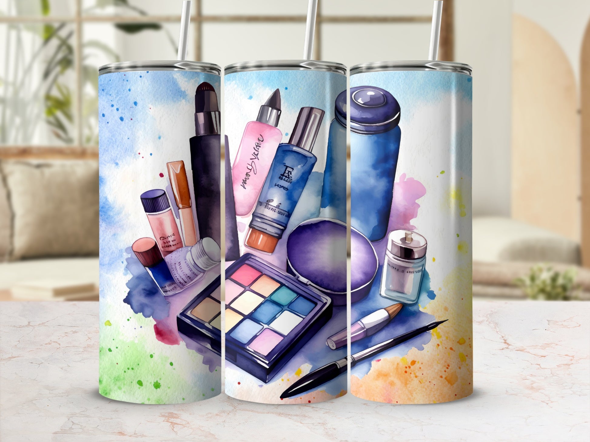 Makeup Essentials Art on Vibrant Tumblers