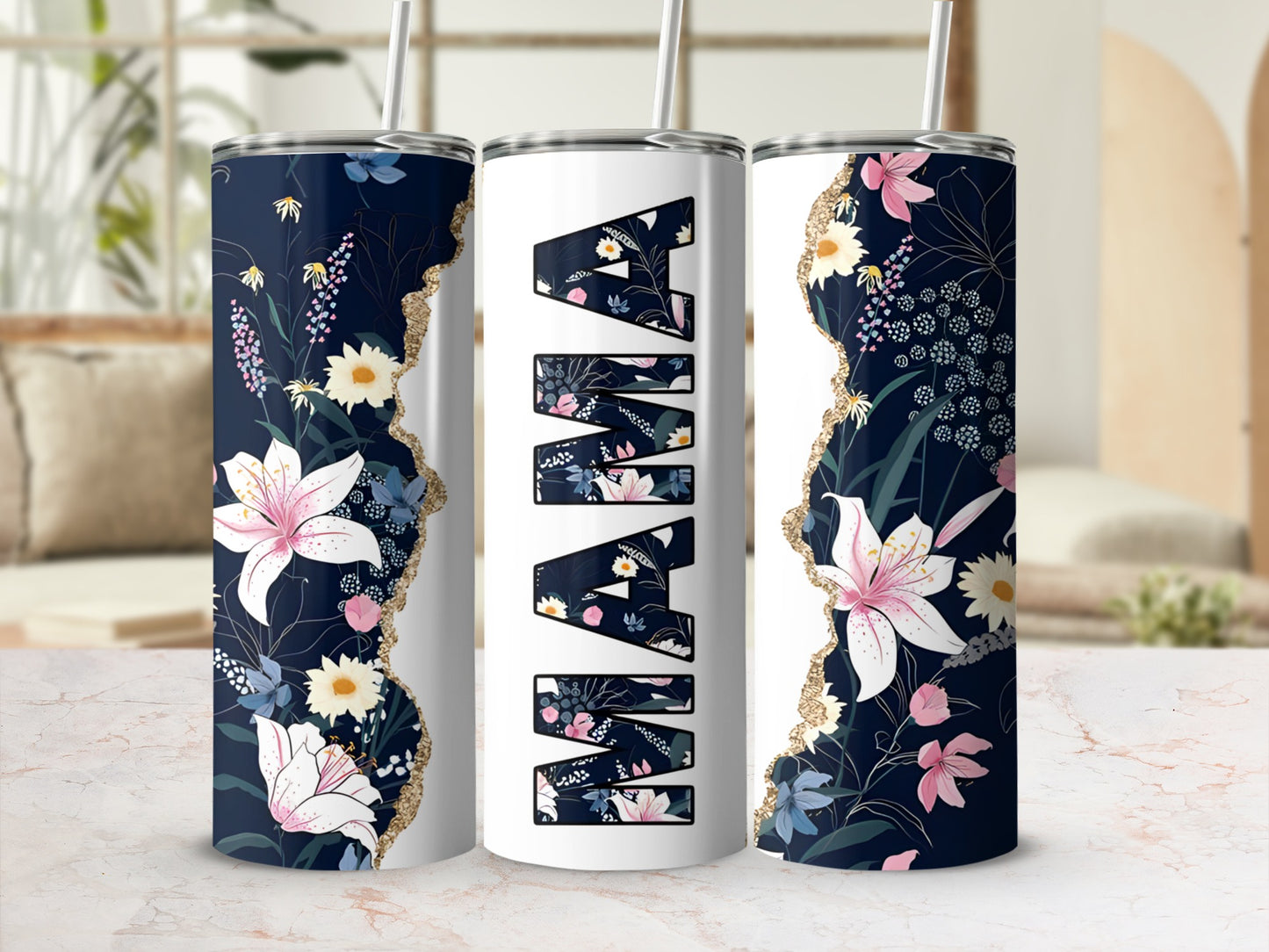 Dark navy tumbler with floral design and "MAMA" text.