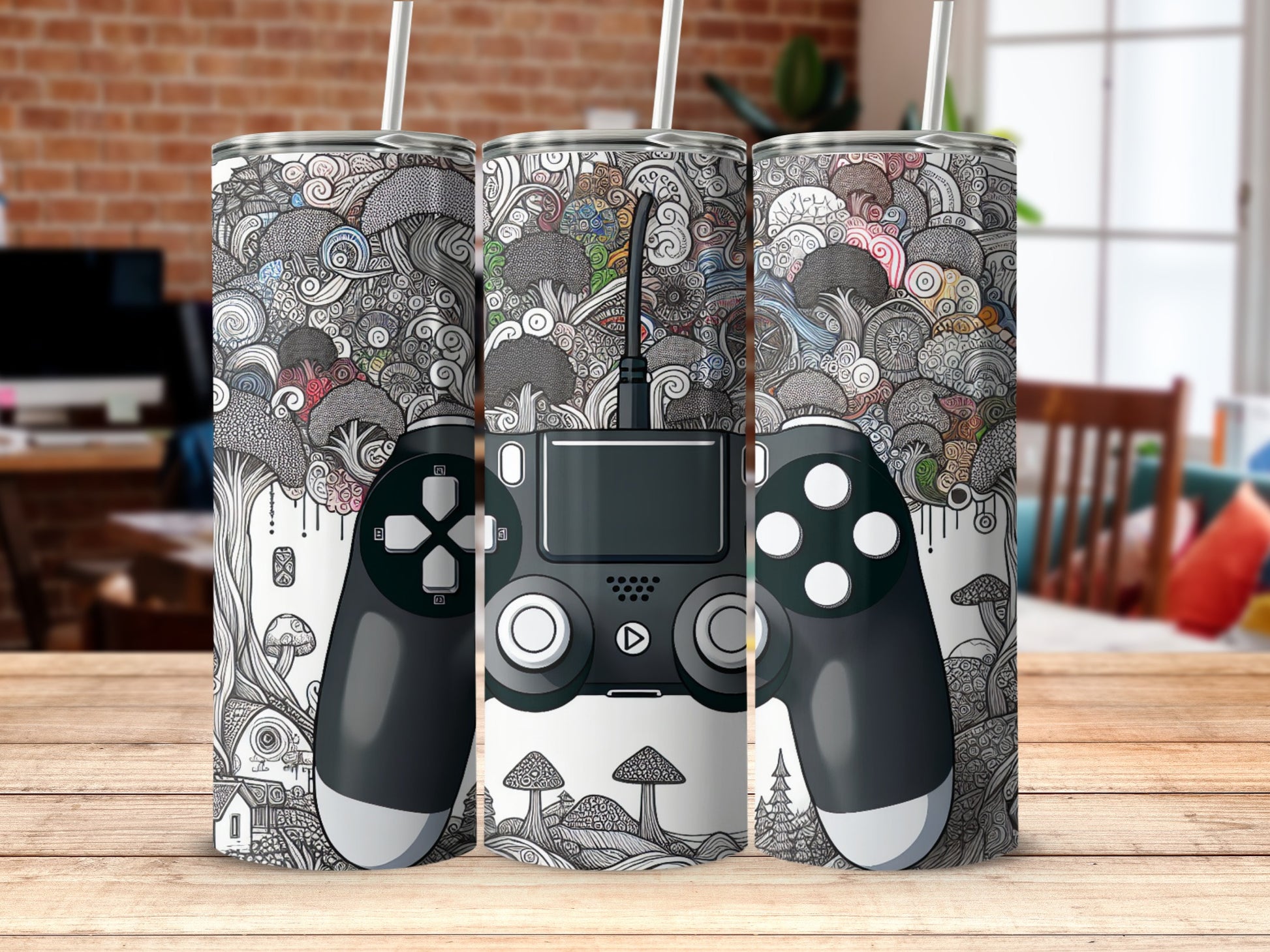 Artistic Patterned Gaming Tumbler with Playful Designs