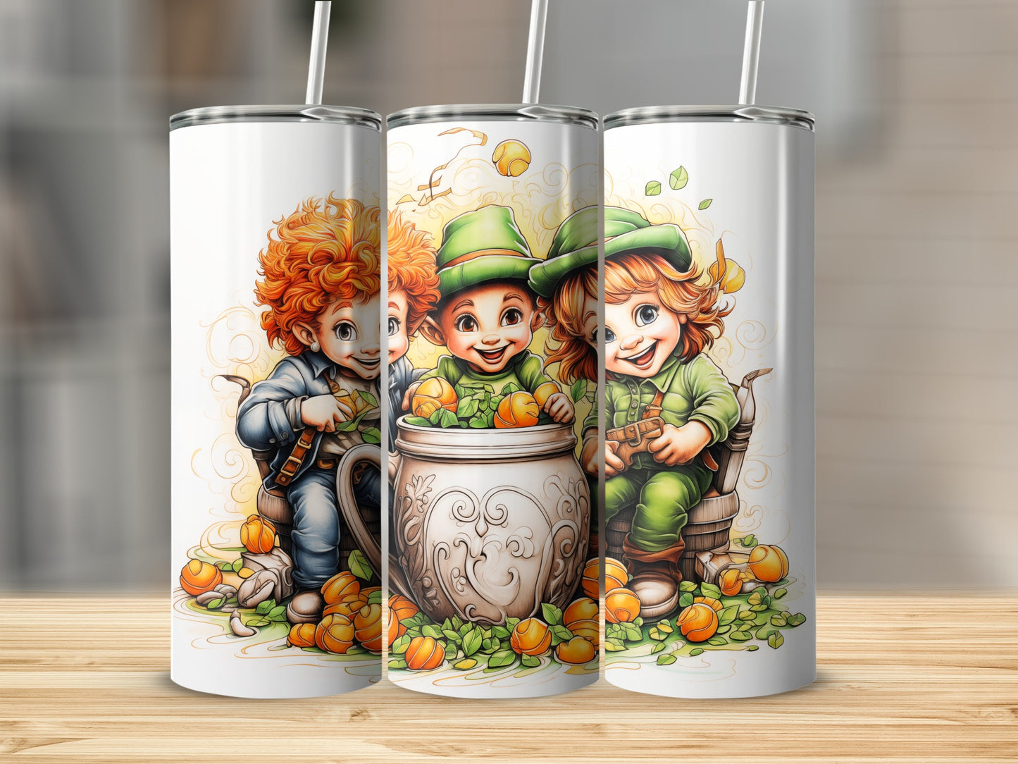 Three smiling leprechauns celebrating St. Patrick's Day with a pot of gold.