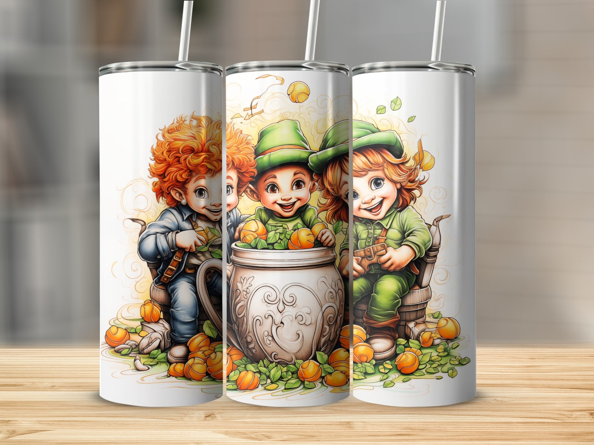 Three smiling leprechauns celebrating St. Patrick's Day with a pot of gold.
