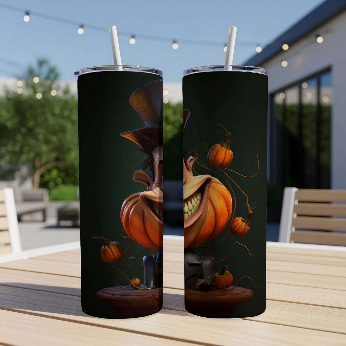 Two tumblers featuring a creepy jack-o'-lantern character with small pumpkins.