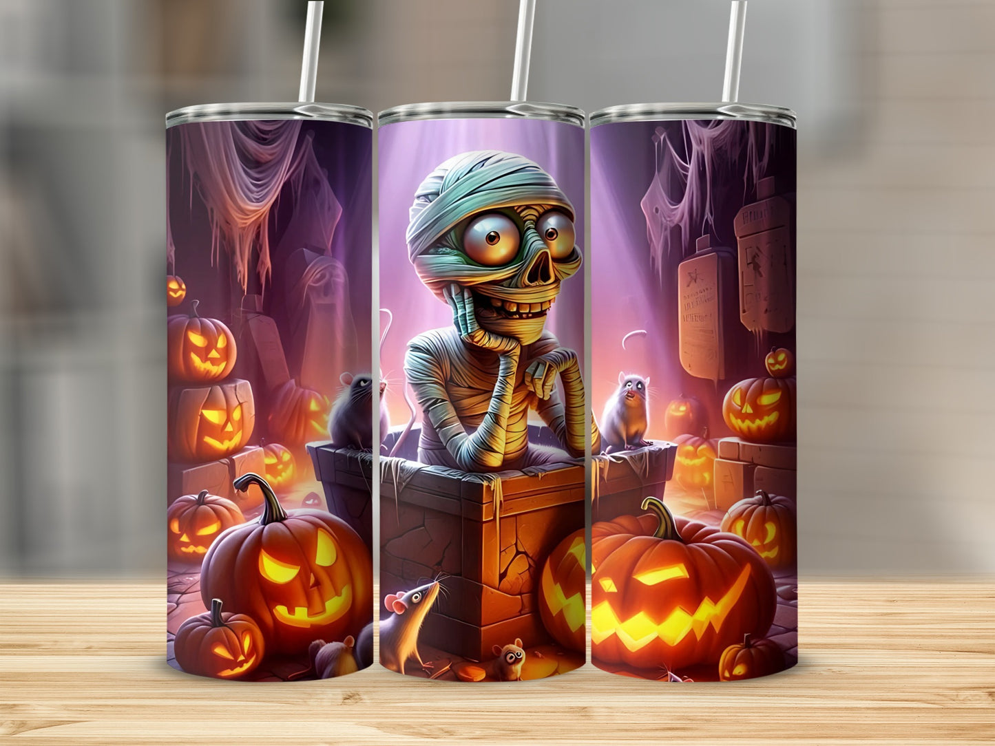 Three Halloween tumblers featuring a mummy, pumpkins, and mice in a spooky scene.