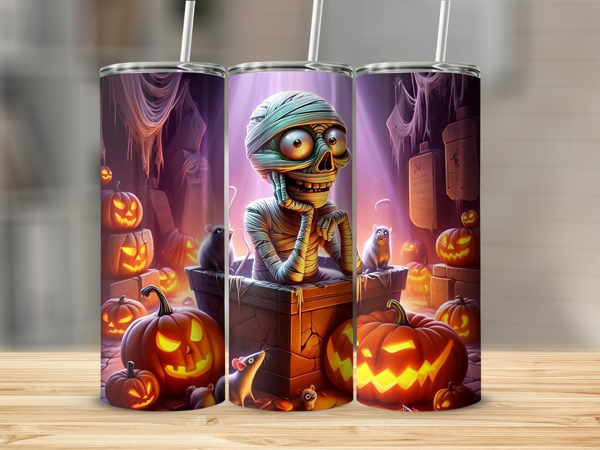 Three Halloween tumblers featuring a mummy, pumpkins, and mice in a spooky scene.
