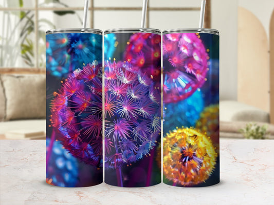 Three tumblers with colorful, abstract dandelion-like designs.