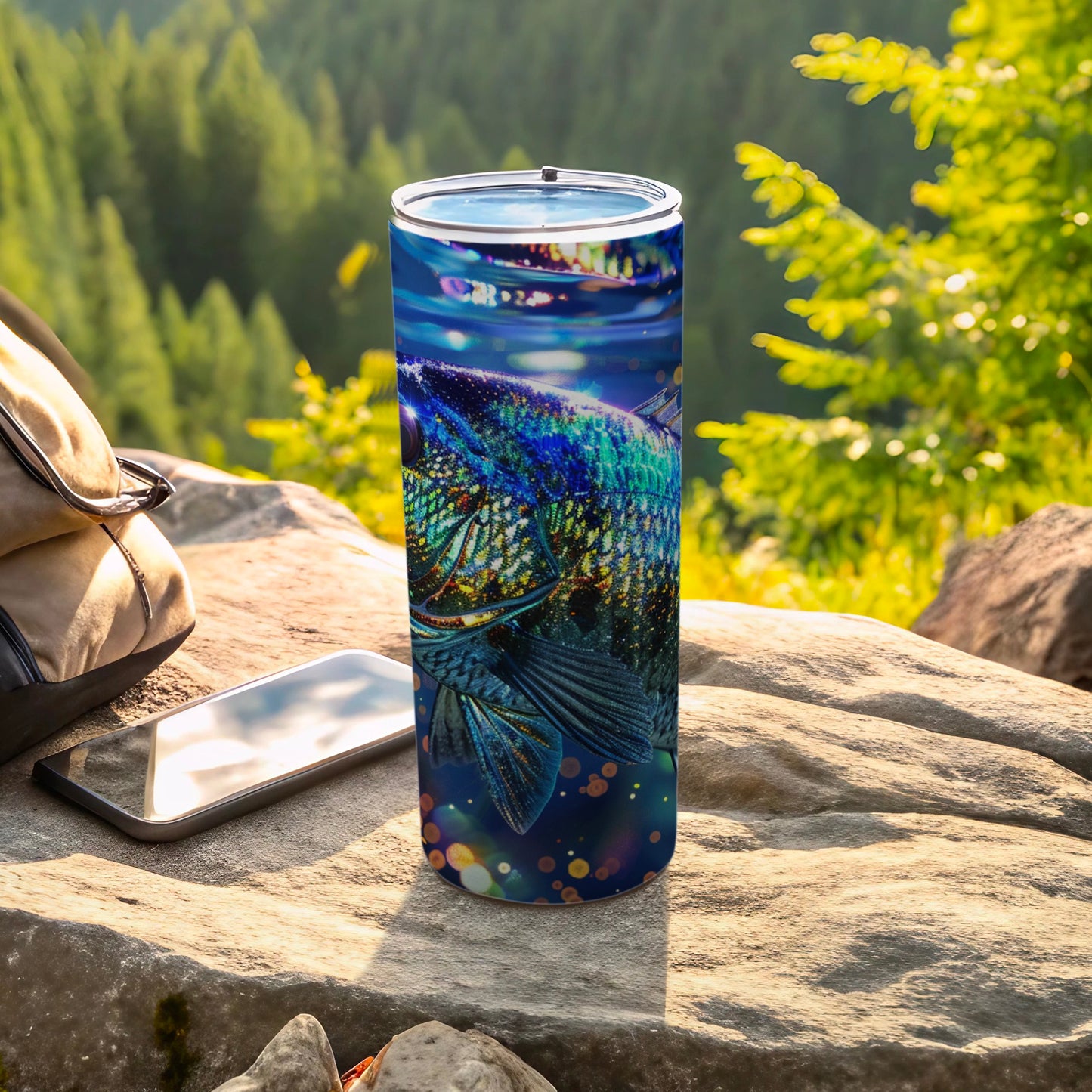 Steel tumbler with a detailed fish design, resting on rocks outdoors.
