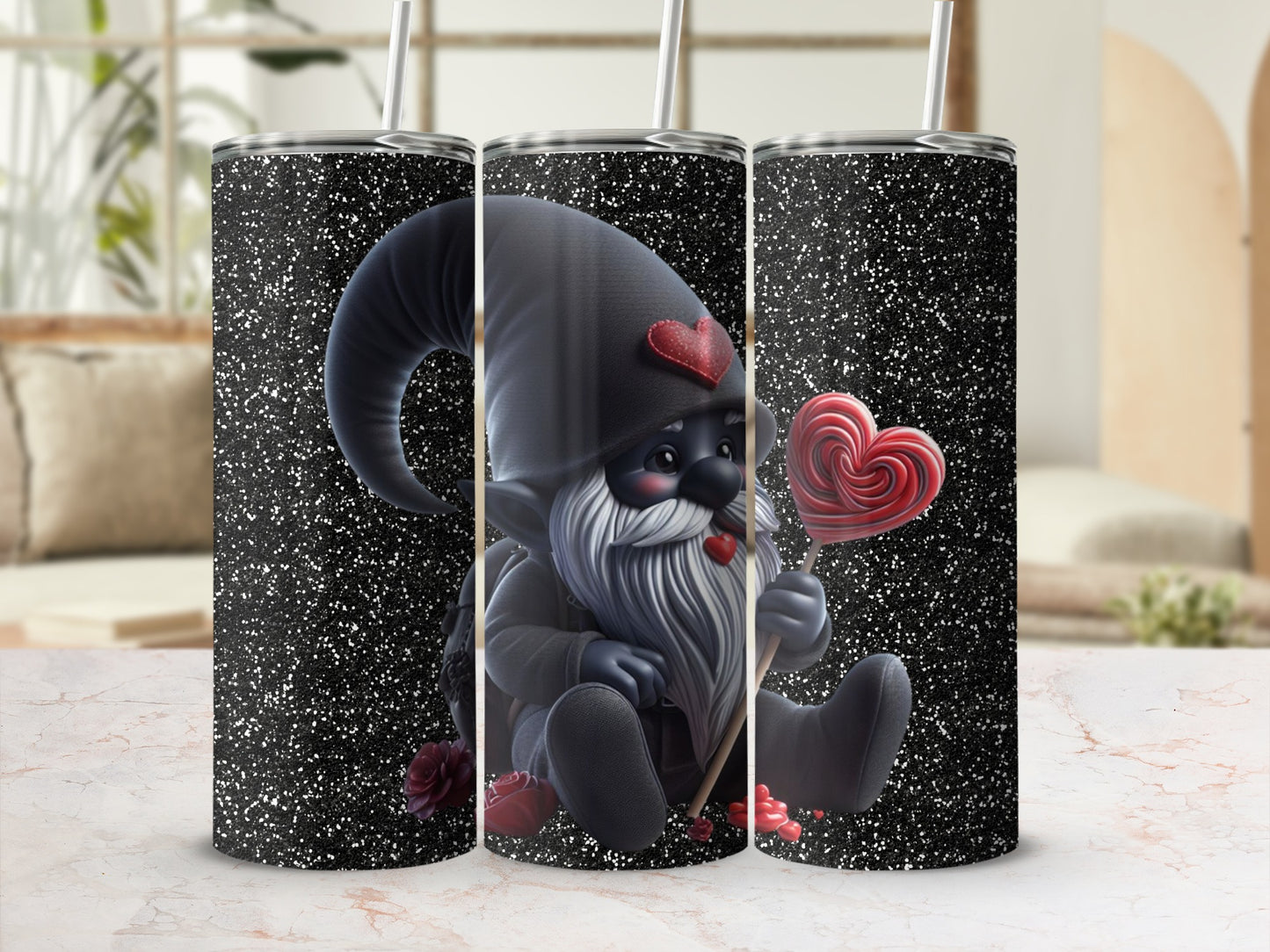 Cute Gnome with Heart Lollipop Glitter Tumbler
