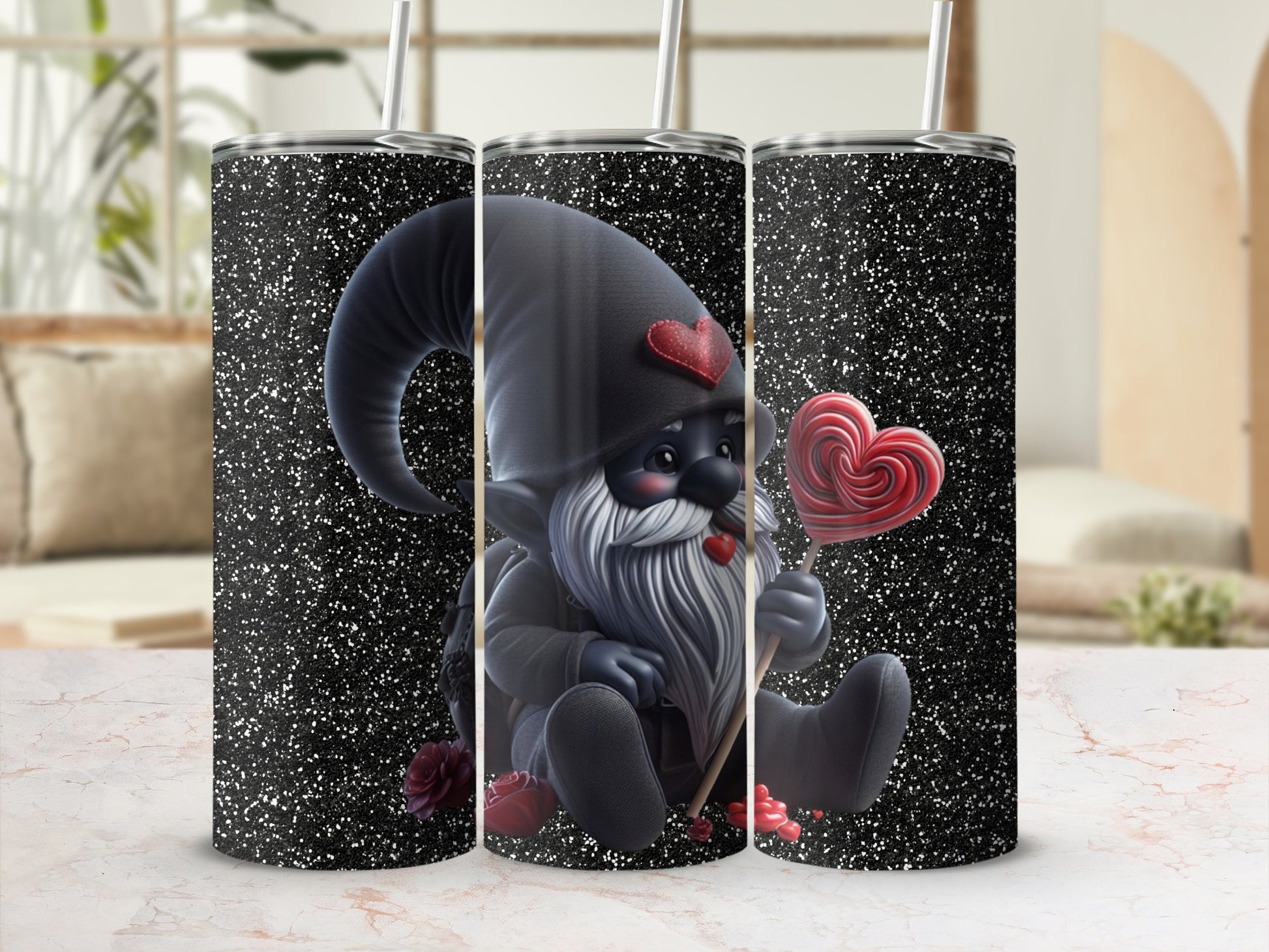 Cute Gnome with Heart Lollipop Glitter Tumbler